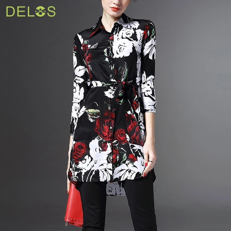 DELSO Марка Vestido Женская Мода Новый Длинным Рукавом отложным Воротником Цветочные