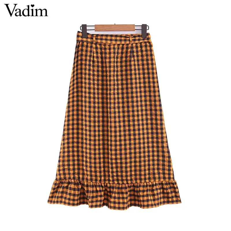 Вадим элегантные женские желтый plaid ruffled midi wrap skirt талии галстук-бабочка Дизайн