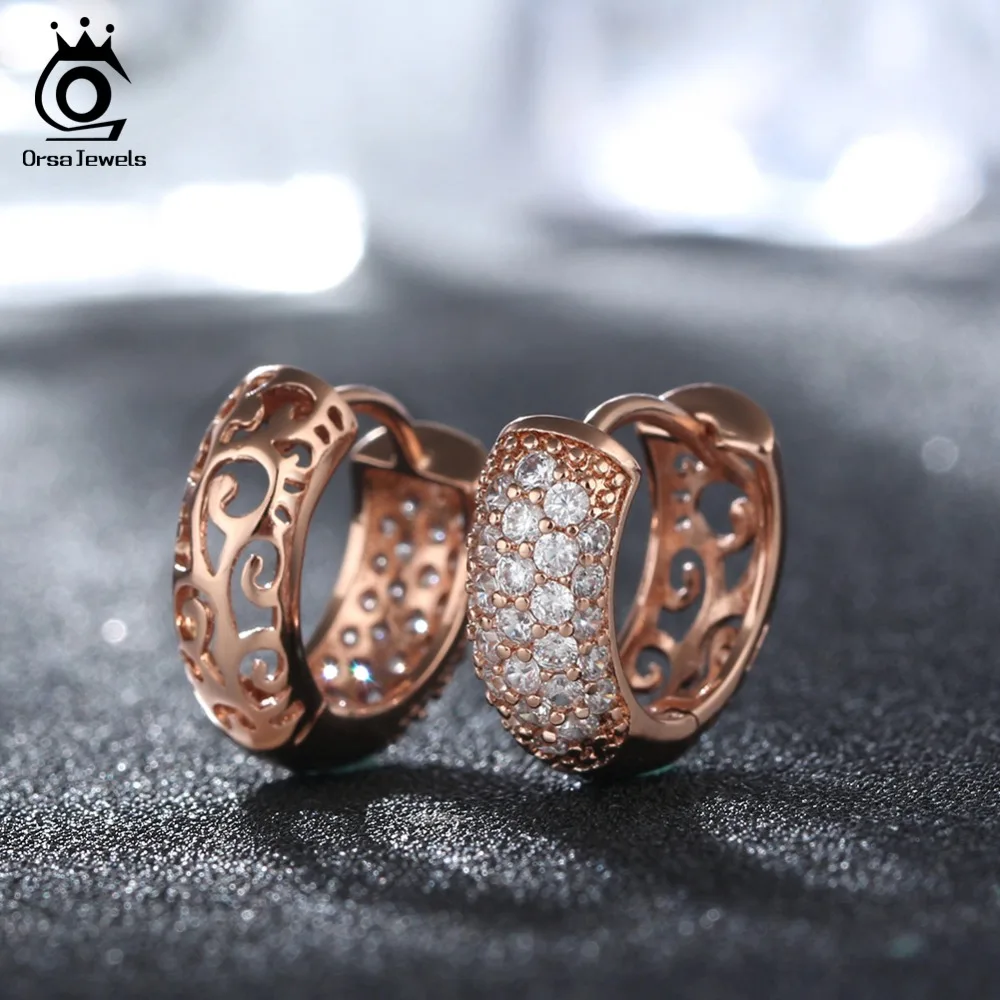 ORSA JEWELS, женские серьги-кольца, маленький серебряный цвет, розовое золото, золотой цвет, AAA, Ослепительный CZ, выдолбленный дизайн, ювелирное изделие, ROME22