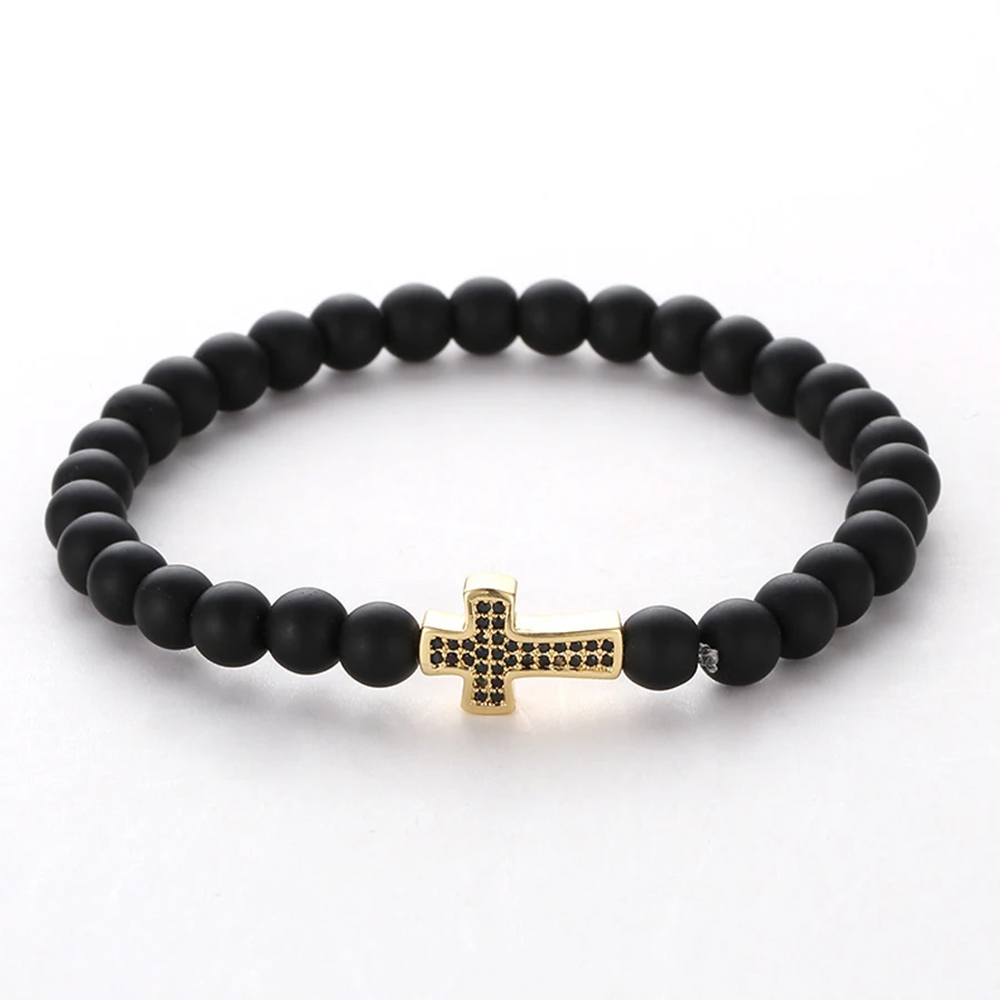 

HOBBORN Trendy Religions Women Men Bracelet Handmade 6mm Matte Black Onyx Stone Beads Strand Crystal Cross Unisex Bracelets Cruz