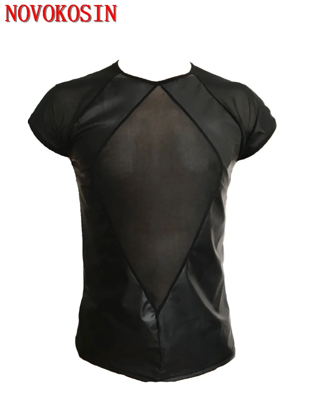 

KH46 2018 летняя Черная байкерская футболка из искусственной кожи с передней частью и тюлем, мужские топы для фитнеса, прозрачная футболка с кор...