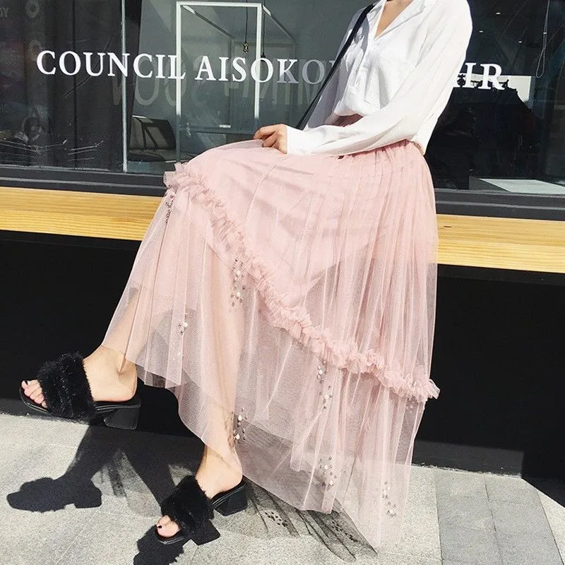 Газовые юбки 2019 последняя весна и лето бисерная трапециевидная юбка с длинным