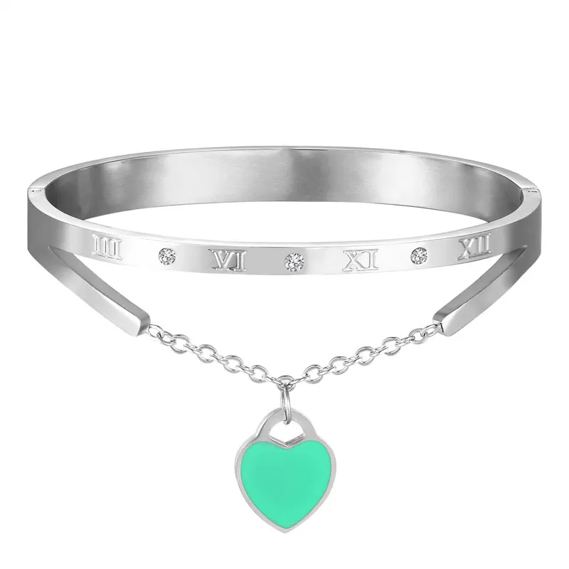 

New Arrival Top Quality Roman Numeral Bangle Hang Heart Shape Light Blue And Pink Charm Woman Bangle Jewelry Bracelet Love Gift