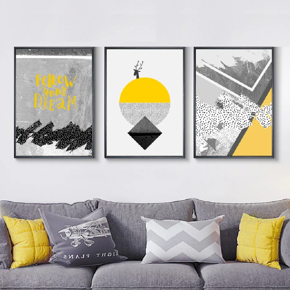 

Modern Black and Yellow Abstract Poster Wall Art Canvas Paintings Fellow Your Dream Pictures Kids Prints Living Room Home Decor