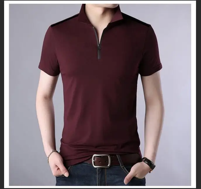 Летние мужские Поло, дизайн, мужские однотонные рубашки поло, на молнии, воротник с коротким рукавом, топы, футболки - Цвет: Красный