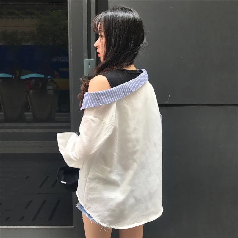 PEILING DRAGON Female Student Two-color Stitching Striped Strapless Shirt Long Sleeve All-match False Two Blouse T173 |