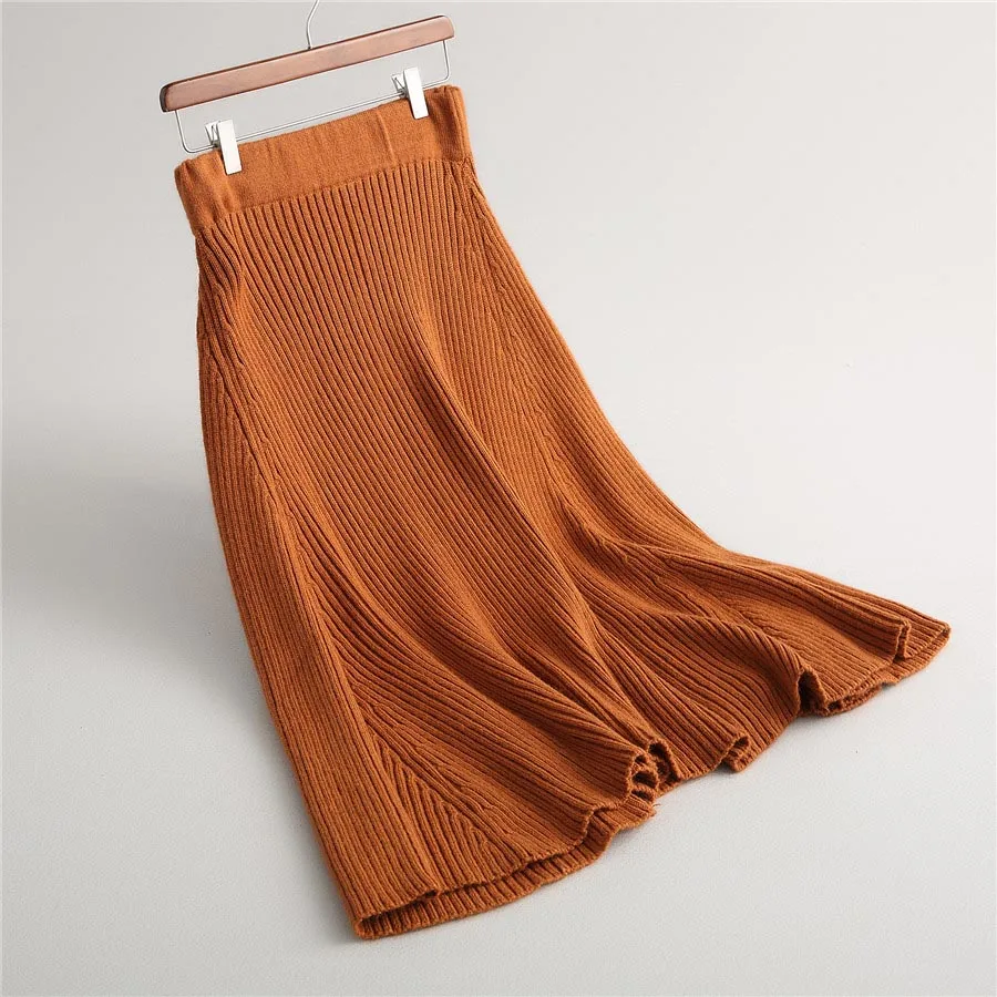 Юбки женские Осень Зима Новая мода кашемир смешивание офис леди элегантный полосатый вязаный плиссированный Saia Midi