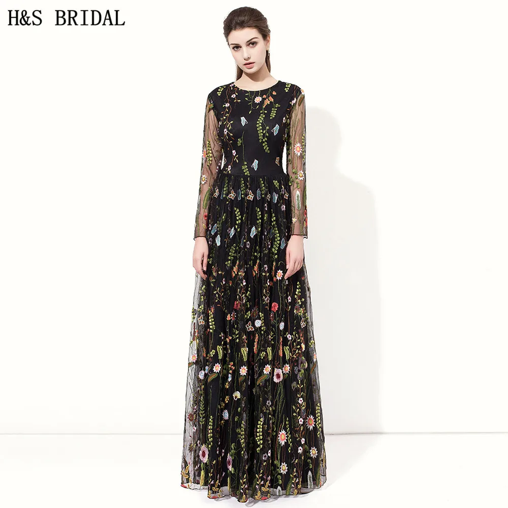 H & S свадебные черные платья с длинным рукавом для выпускного вечера круглым