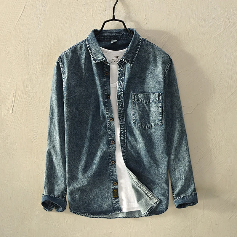 

New Japanese style retro denim shirt men cotton square collar denim blue shirts male long sleeve solid shirt mens camisa