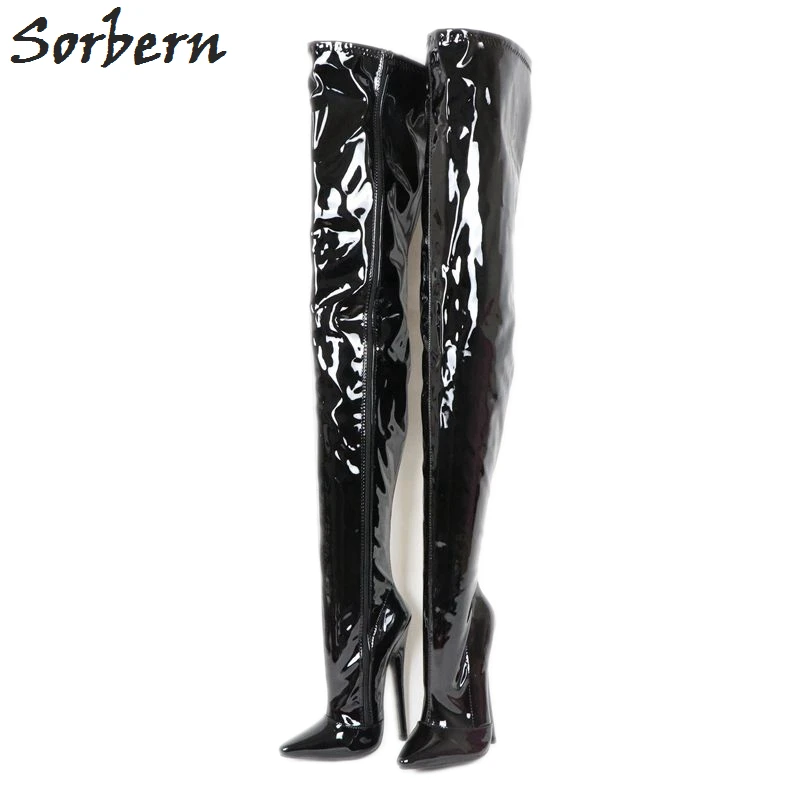 

Sorbern Sexy Crotch Thigh High Boots Women 18Cm High Heel Stilettos Pointy Toes Stilettos Long Ladies Boot Patent Fetish Shoes