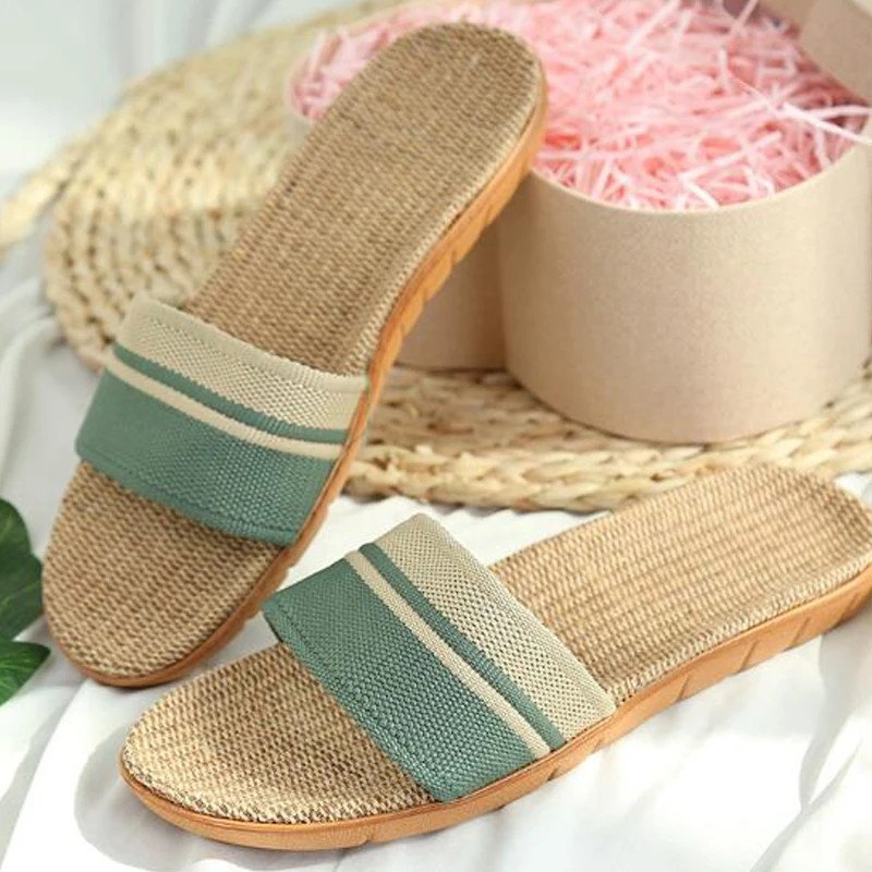 Мужские льняные шлепанцы сланцы для улицы пляжа синие полоски искусственная