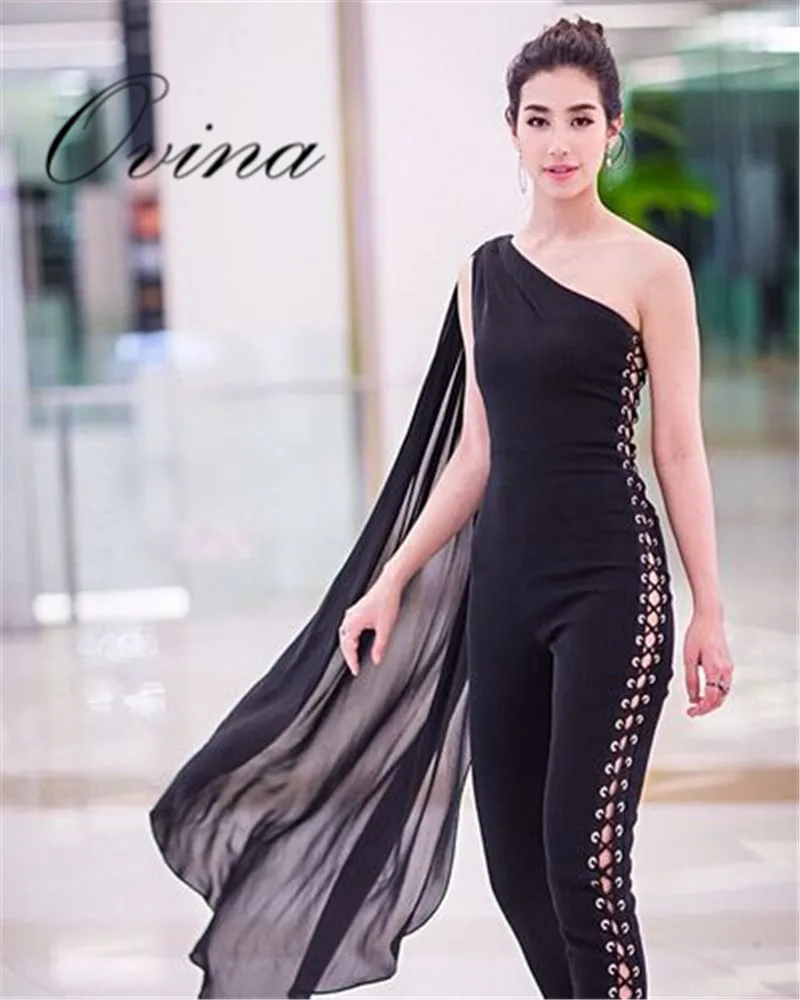 Black Fashion Rompers Womens Jumpsuit One Shoulder Lace Up Full Length Bodycon Jumpsuit