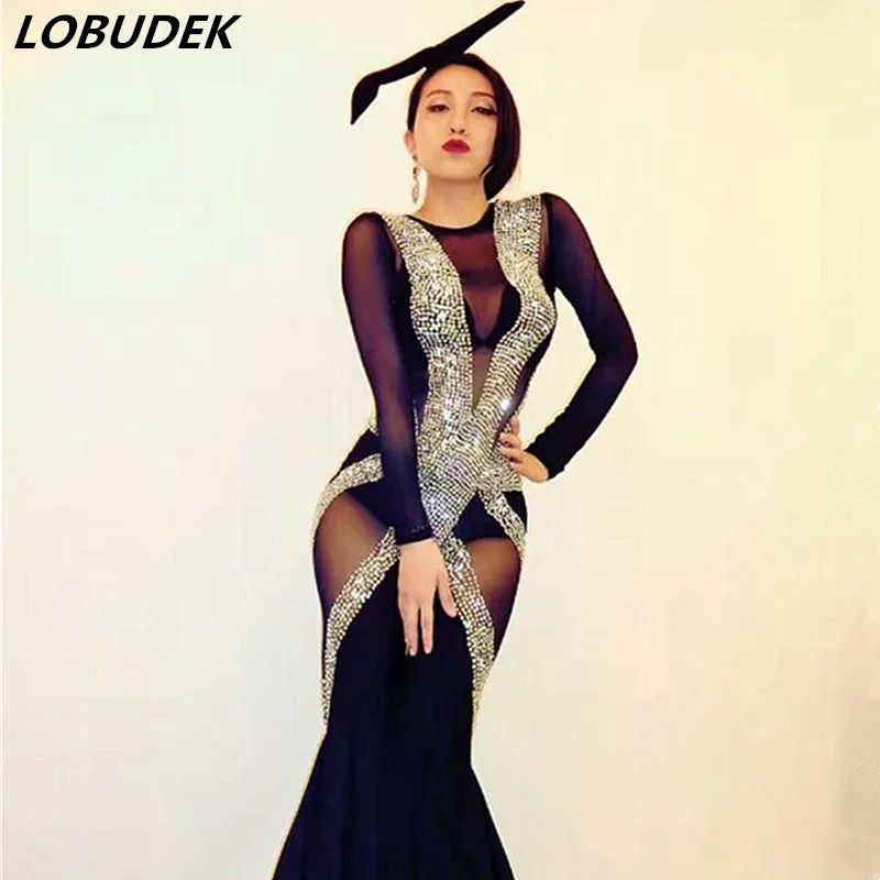 Сексуальный женский сценический костюм певицы черный прозрачный комбинезон с