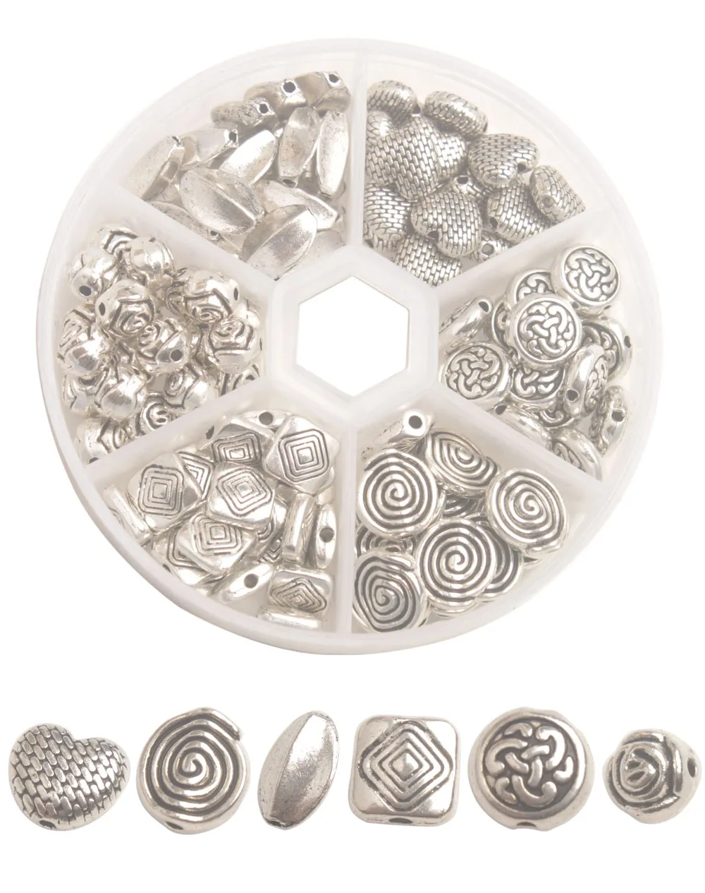 

Whole Sales 90PCS/Box Mixed Lots Antiqued Silver Metal Spacer Beads For Jewelry Making 6 Styles