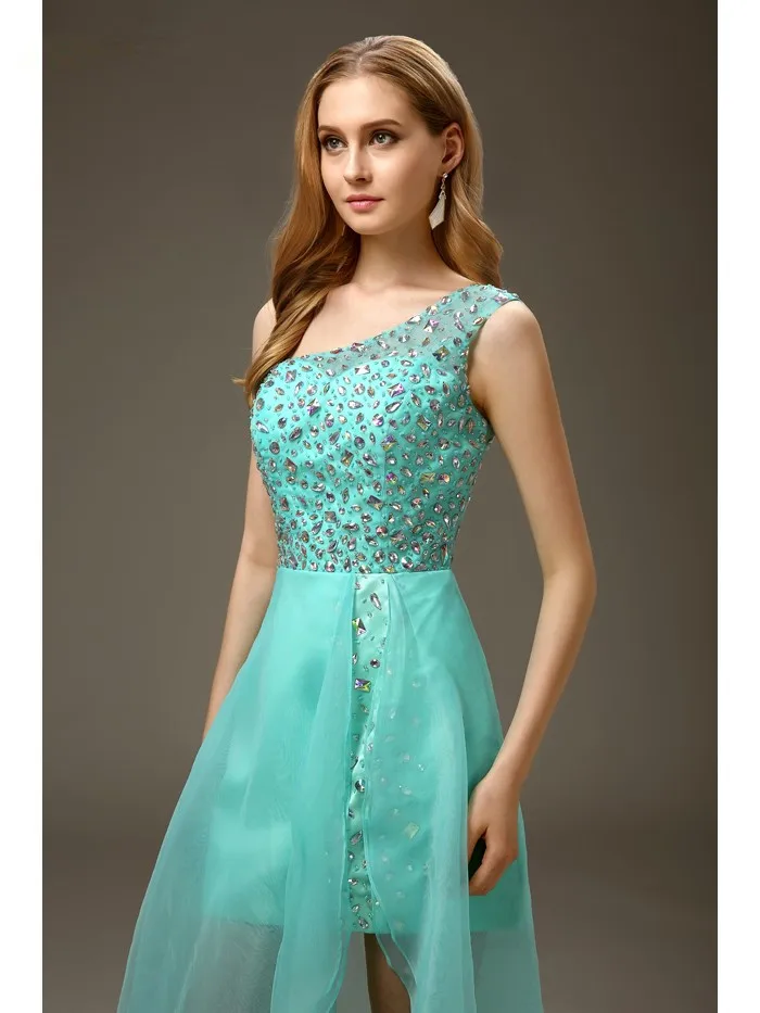 

Turquoise Cocktail Dresses Elegant Sheath One-shoulder Detachable Organza Crystals Party Plus Size Homecoming Dresses
