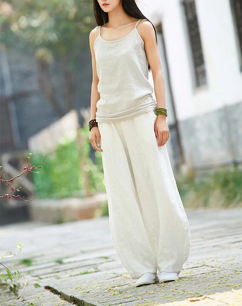 Readit Summer Cotton Linen Pants Solid Color Pockets Loose Women's Vintage Elastic Waist Wide Leg Full Length P2674 | Женская одежда