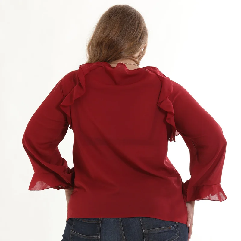 5xl 6xl корейский стиль Женская блузка с оборками длинным рукавом плюс размер