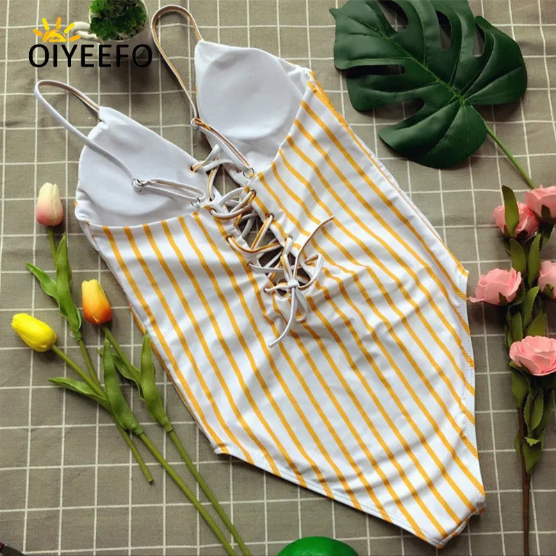 Oiyeefo женский купальный костюм с бретелькой через шею на шнуровке в желтую полоску