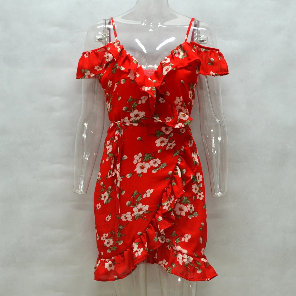 Florals платье 2018 Для женщин без рукавов отпуск сексуальное V шеи Спагетти ремень