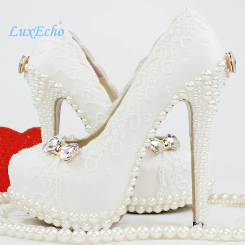 Womens white lace pearl wedding shoes woman bridal party dress shoes platform shoe high heels Pumps zapatos mujer