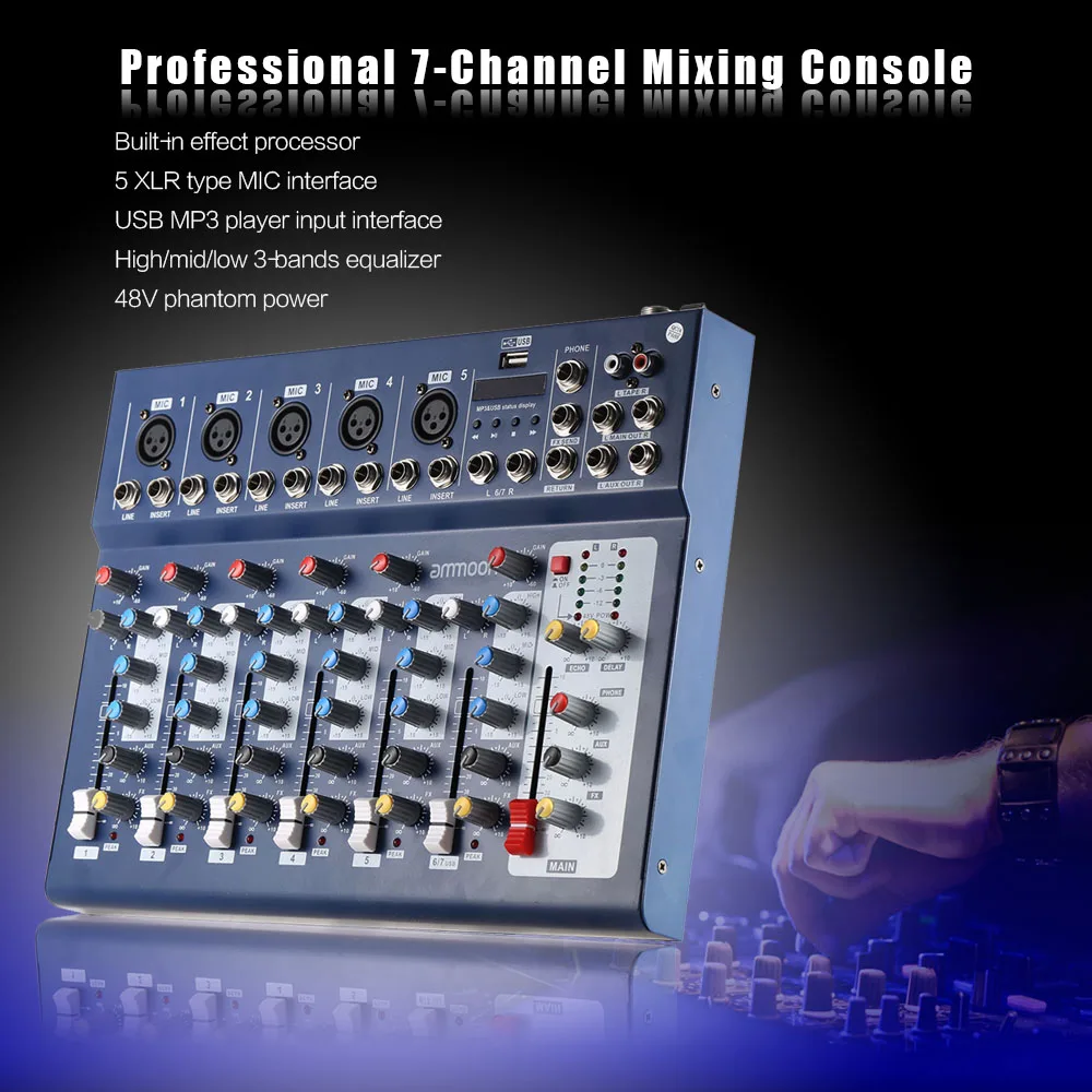 ammoon F7-USB 7-Channel Digtal Mic Line Audio Sound Mixer Mixing Console with USB Input 48V Phantom Power 3 Bands Equalizer | Спорт и