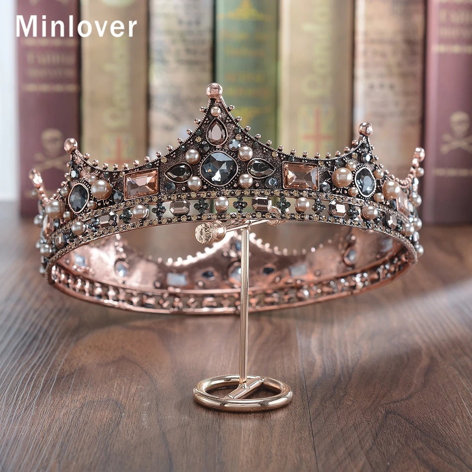 Minlover, Ретро стиль, кристалл, Полный Круглый, в стиле барокко, свадебная тиара, корона, свадебные аксессуары для волос для женщин, мужчин, королевская диадема, головной убор HG184