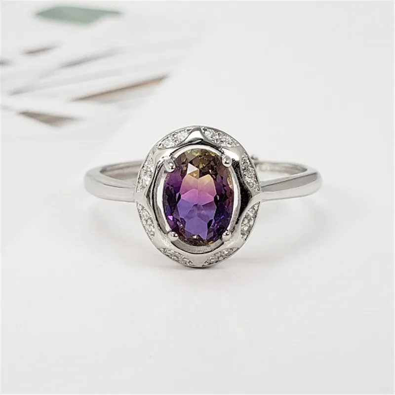Purple with Yellow Натуральный радужные Кристаллы Кольцо из стерлингового серебра 925 S925 подлинное чистое серебро синий Фиолетовый аметист драгоценный камень из органической кожи роскошные Кольца с алмазами - Цвет камня: Purple with Yellow