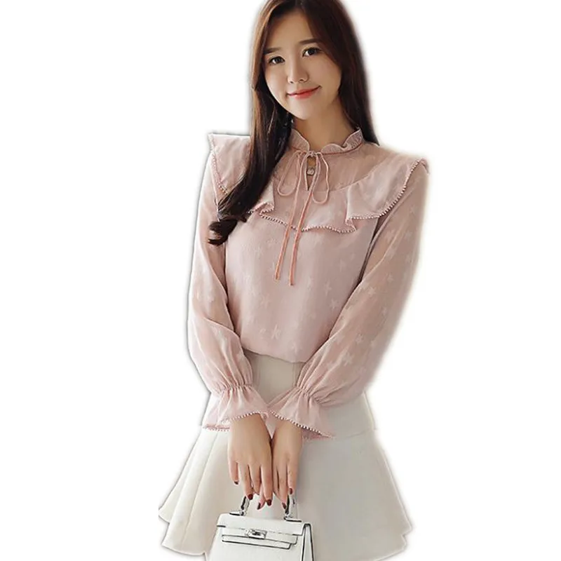 

2019 New Fashion Women Chiffon Blouses Female Spring Autumn Ruffled Collar Long Flare Sleeve Shirts Female Casual Blosues Q1268
