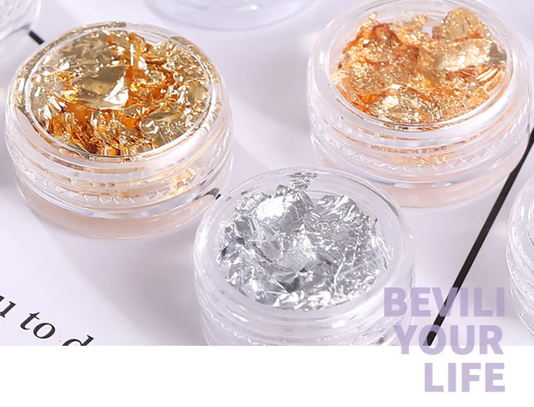 

Gold Silver Glitter DIY Nail Foil Sticker Gel Adhesive Glue Image Transfer Paillette Flake Full Cover Decal Decor 1box