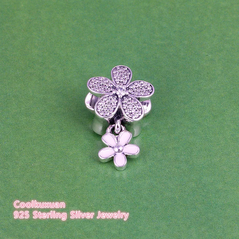 Весна оригинальный 925 пробы Серебряный ослепительный Daisy Duo белая эмаль и