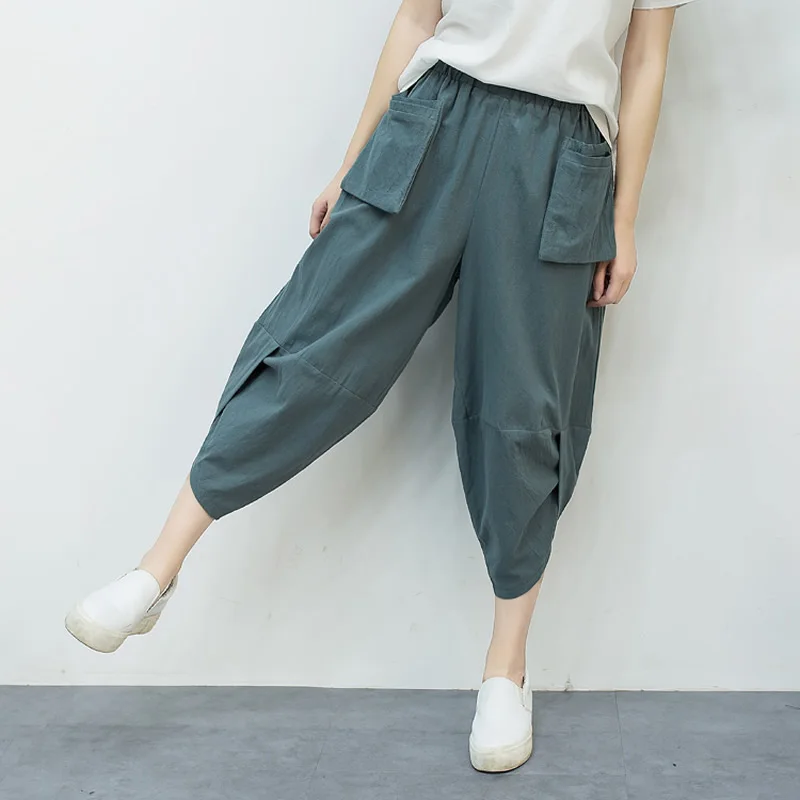 

Plus Size Baggy Loose Cotton Linen Pants Trousers for Women Elastic High Waist Wide Leg Streetweat Solid Female Harem Pants