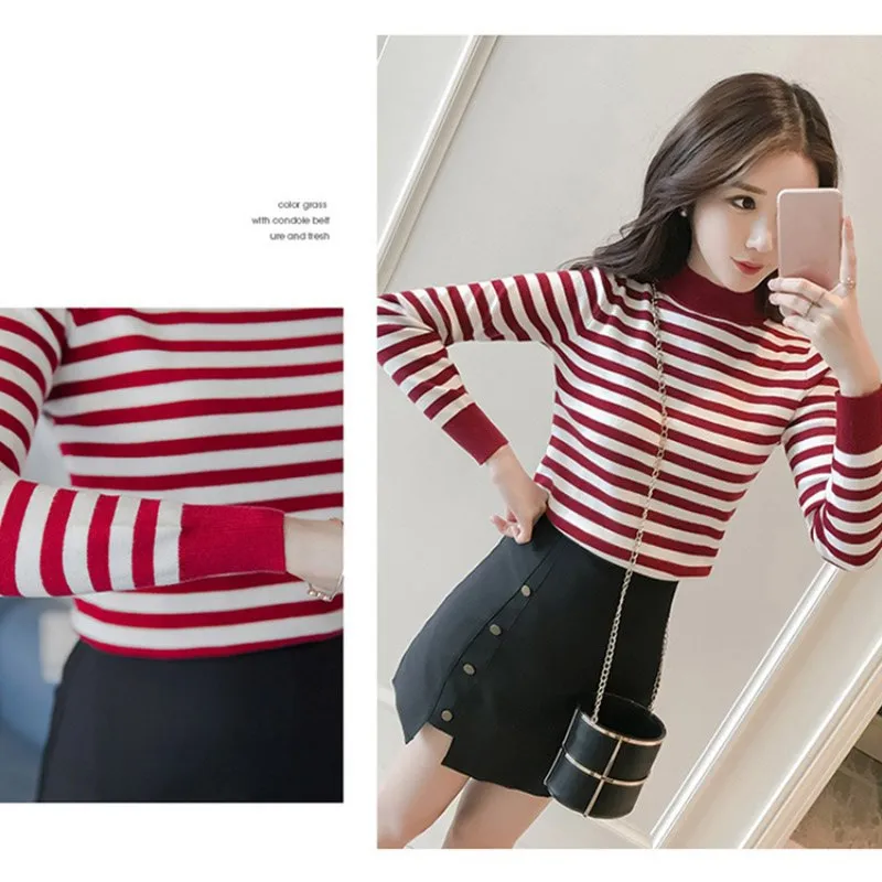 Женская Современная трикотажная футболка в полоску черная красная облегающая