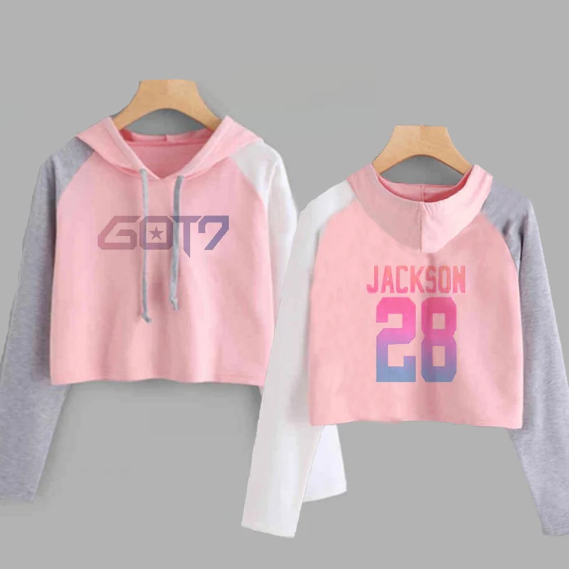 Короткое худи Для женщин получил 7 Kpop JB Джексон с длинным рукавом Толстовка с капюшоном Got7 печатных розовый укороченный Топ Harajuku Для женщин s Костюмы
