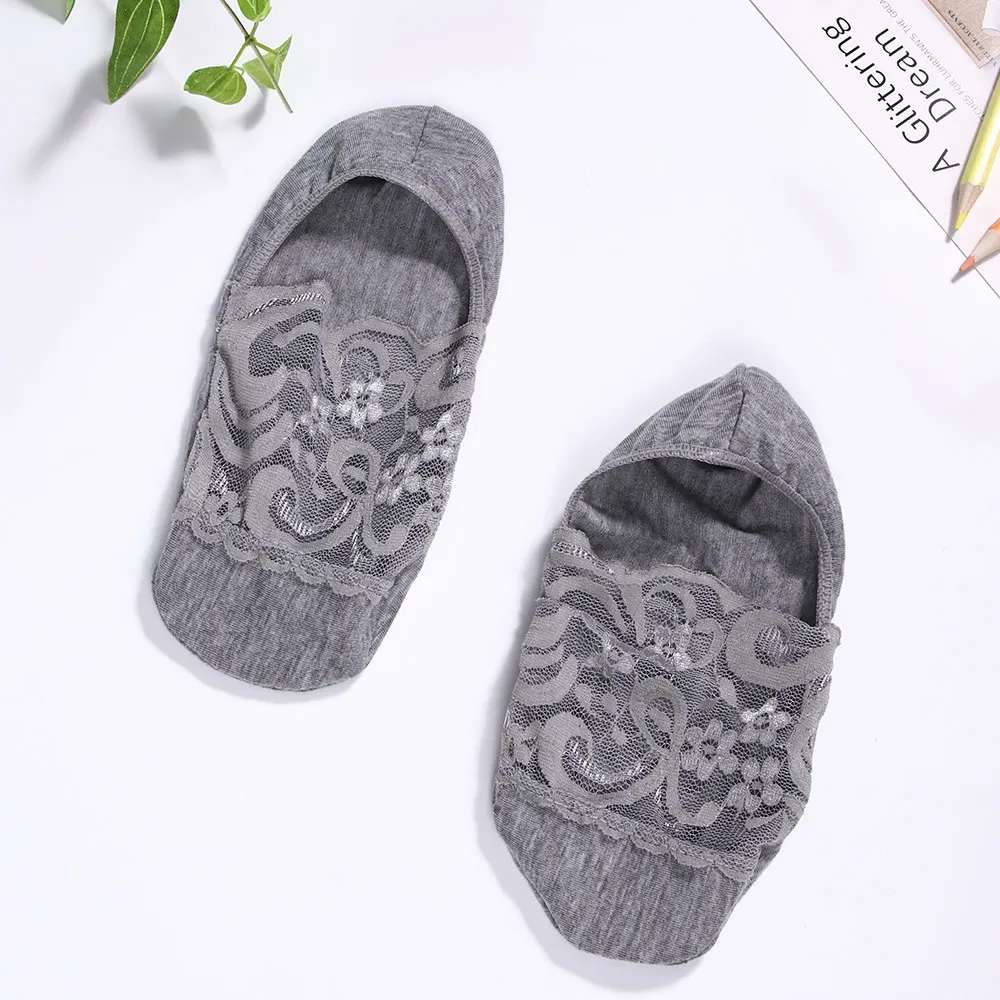 Grey Женские кружевные хлопковые короткие носки цветок шелк тонкая сетчатая Лодка короткие носки до лодыжки Кристалл Soxs невидимые Нескользящие короткие носки - Цвет: Grey