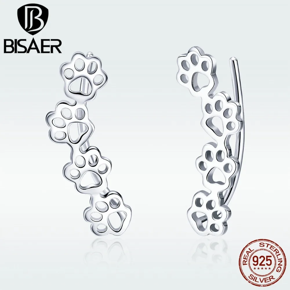 BISAER 925 пробы серебряные серьги-гвоздики с принтом в виде следов животных для женщин, кошачьи собачьи серьги вrincos бижутерия ECE430