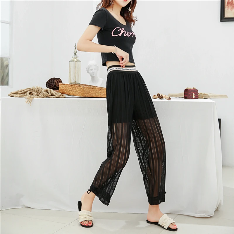 

Women Black Mesh Trousers Summer Ice Cool Sheer Joggers Pants Letter Print Elastic Band Patchwork Ankle-tied Casual Loose Pants