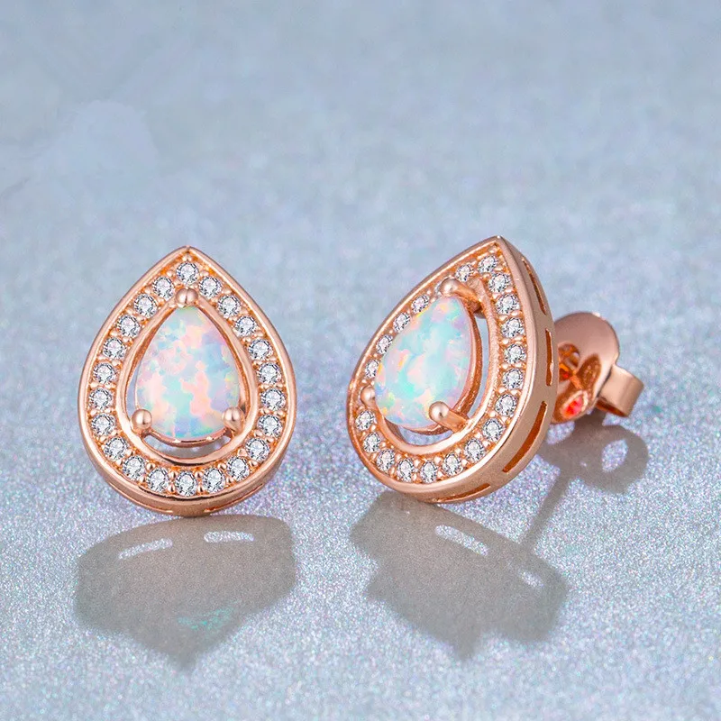 Myelo New Luxury Brand Exquisite Rose Gold Opal Earrings Cubic Zirconia TearDrop Stud For Women Girl Wedding Jewelry | Украшения и