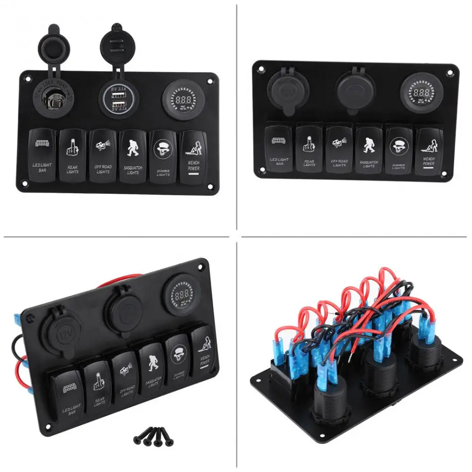 12 V-24 V 6 банда кулисный переключатель Панель автомат защити цепи для автомобиля Караван морской катер с синий светодиодный w/автомобиль Зарядное устройство вольтметр