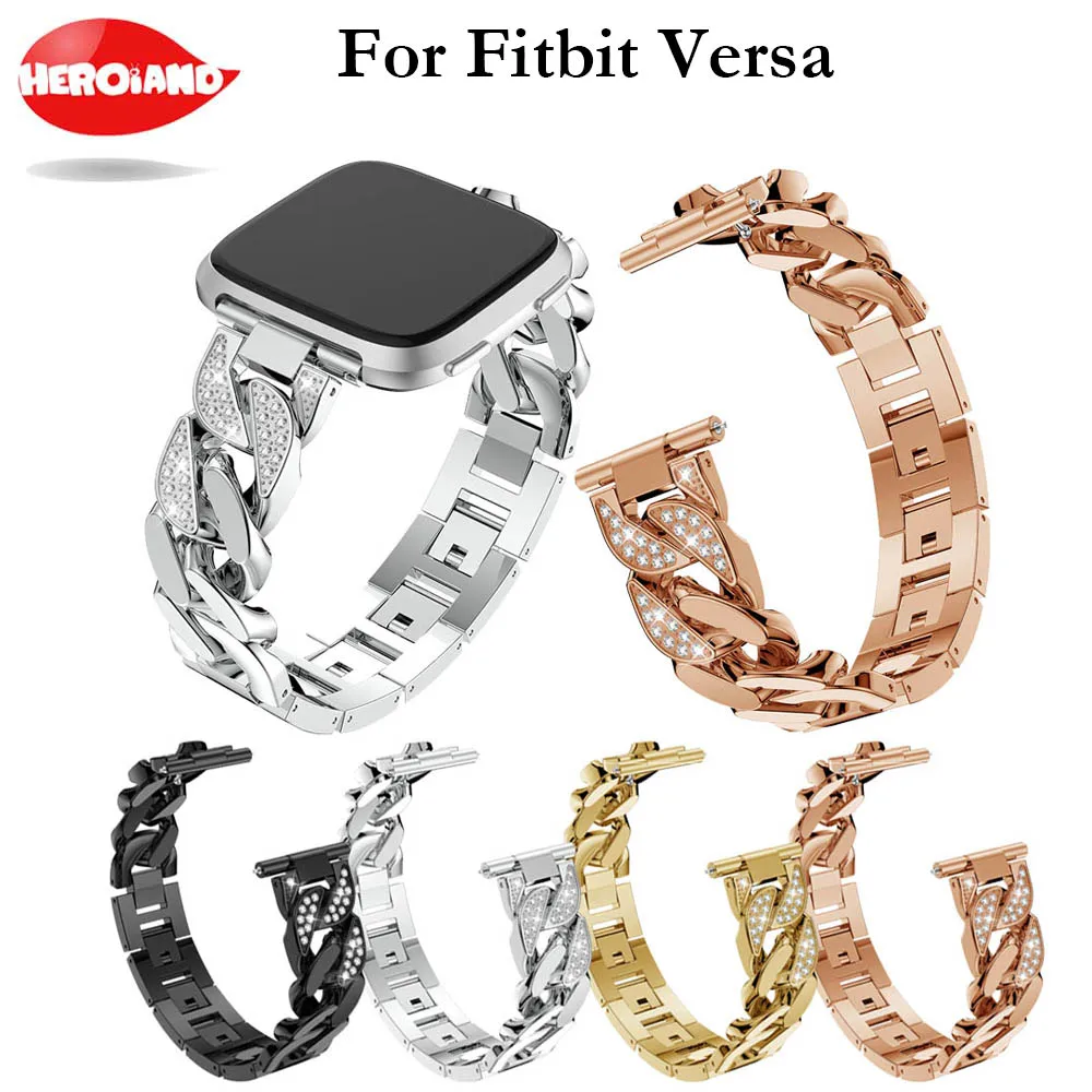 

Luxury Replacement watch band 2018 For Fitbit Versa Bracelet Wrist Band Smart Accessories with diamond single Row Cowboy Chain