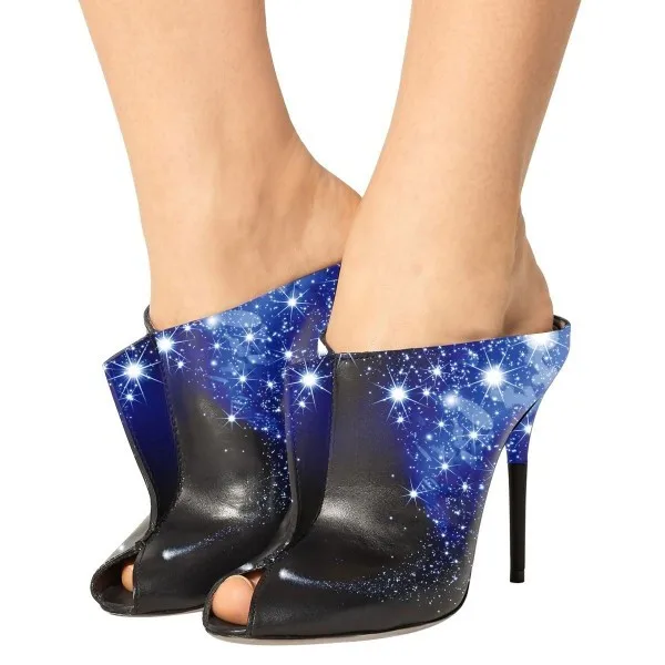 

Night Sky Evening Shoes Key Hole Mules Sandals Stiletto Heels Graffiti Outside Slippers Shallow Shoes Woman Party Fashion FSJ