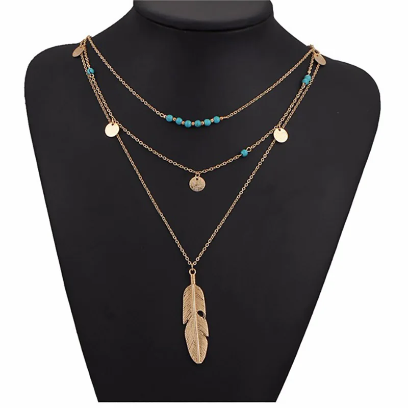 Женские ожерелья с синими бусинами золотистого цвета многослойная длинная