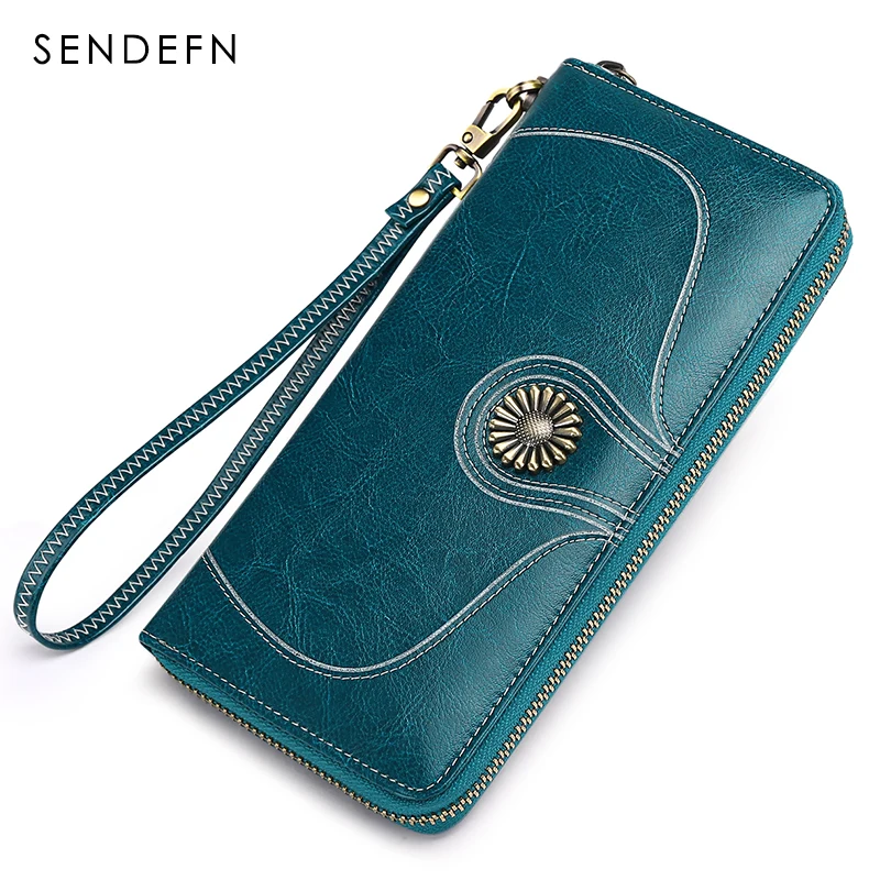 

Sendefn Card Holder Women Clutch New Split Leather Wallets Female Long Wallet Women Zipper Purse Money Bag Vintage Women Wallets