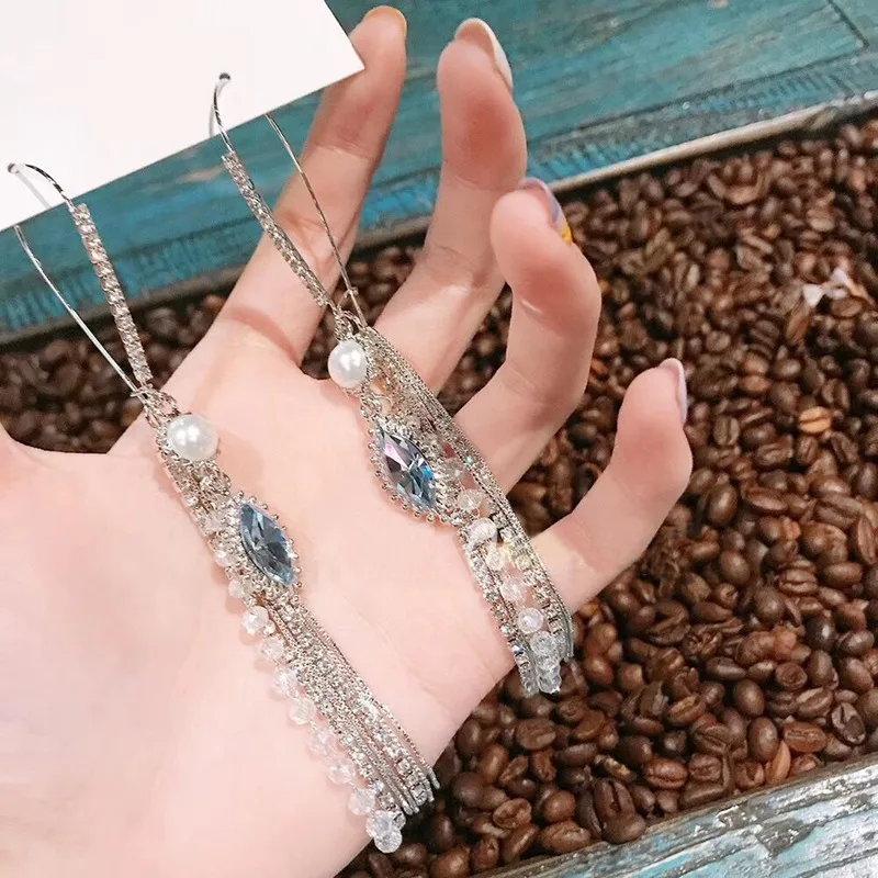 MENGJIQIAO новые корейские полностью сияющие хрустальные стразы Висячие серьги для женщин элегантные серьги с искусственным жемчугом и кисточками подарок