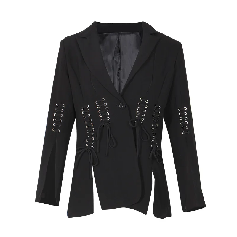 

Women Casual Blazer Single Button Lace Up BandageTunic Suit Blazer Women