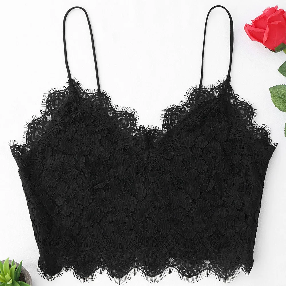 Женский короткий топ ZAFUL однотонный кружевной на тонких бретельках однотонная
