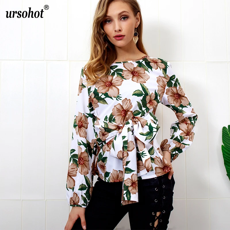 Ursohot/Осенняя женская блузка с цветочным принтом женские рубашки круглым вырезом