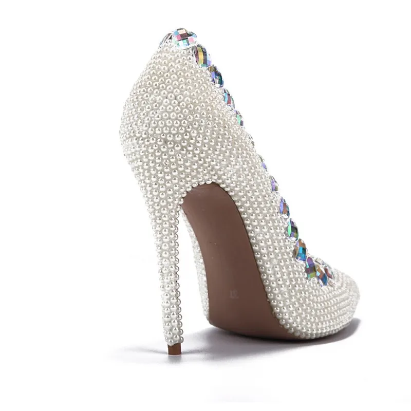 New Women Dress Shoes Heart Shaped Crystal Decoration Bead Pumps Slip On For Pointed Toe Nightclub Wedding High Heel | Обувь