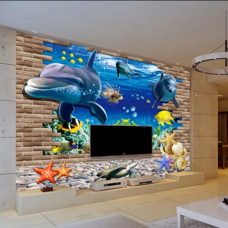 Пользовательские фото обои 3D стерео Приморский мир фрески с дельфинами ТВ фон
