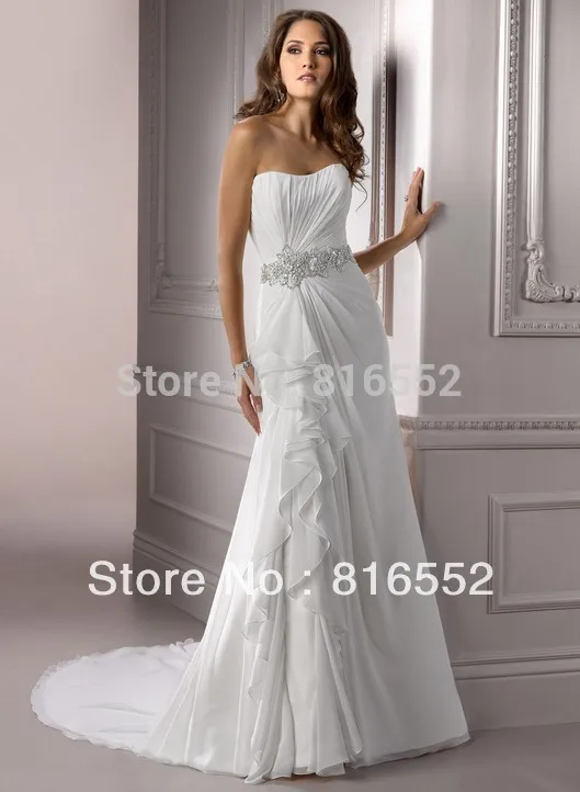 2014 New style 2013092-Customize any color and sizeFashion Beading Beach V-neck Off the Shoulder Chiffon Satin wedding dress | Свадьбы и
