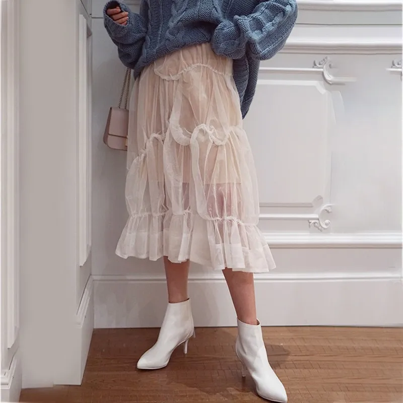 Beige TWOTWINSTYLE, сетчатая Лоскутная длинная юбка для женщин, с рюшами, высокая талия, перспективная женская юбка, повседневная,, Весенняя мода, новинка - Цвет: Beige